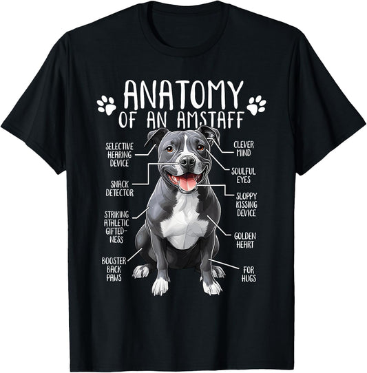 Funny American Staffordshire Terrier Clothing Amstaff Dog Anatomy - Adults Kids, Black, Small, Short Sleeve T-Shirt - T-Shirt | Black