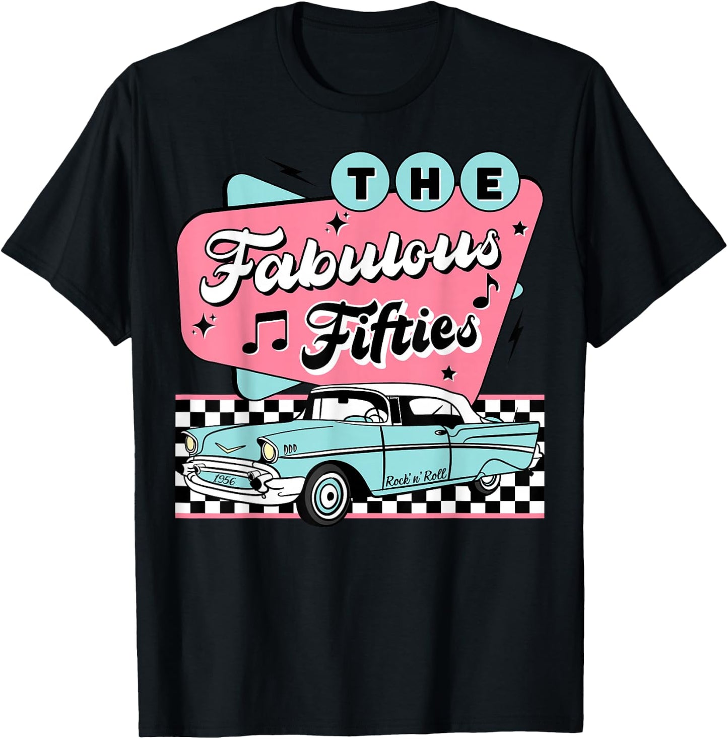 The Fifties 1950s Car Music Checkerboard Rockabilly Sock Hop T-Shirt - T-Shirt | Black