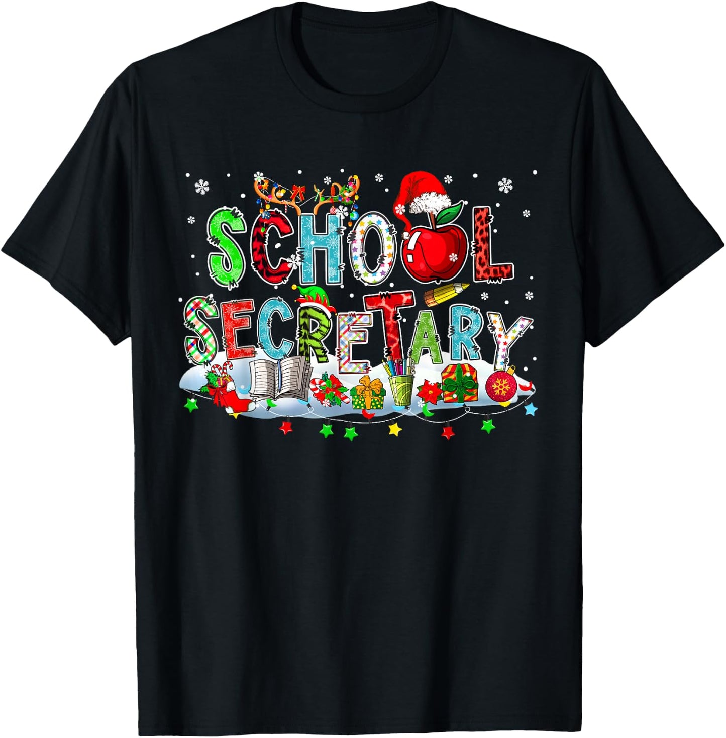 School Secretary Xmas Leopard Plaid Santa Reindeer Elf Books T-Shirt - T-Shirt | Black