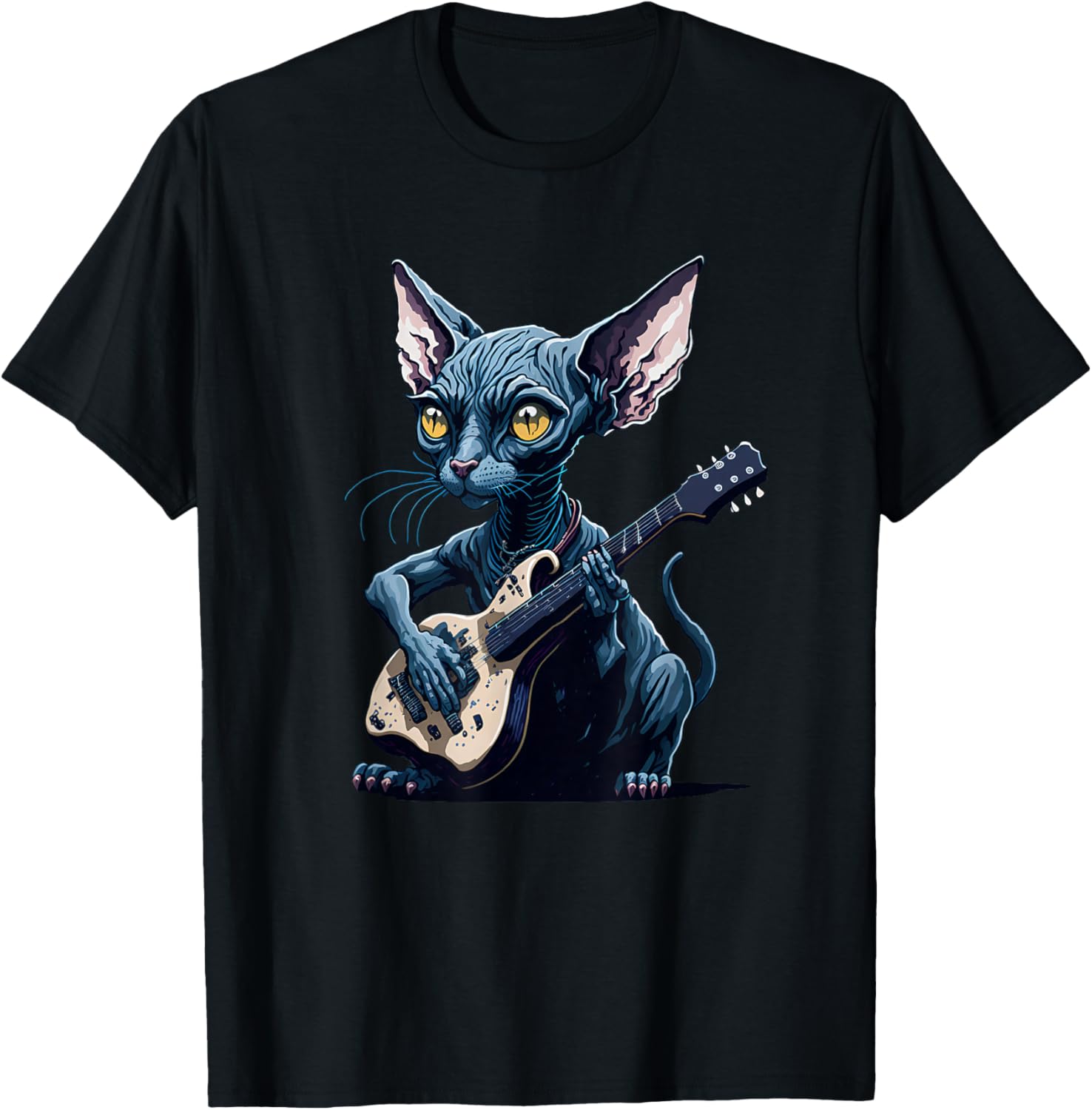 Hairless Sphynx Cat playing guitar Women Girls Kids T-Shirt - T-Shirt | Black