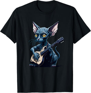 Hairless Sphynx Cat playing guitar Women Girls Kids T-Shirt - T-Shirt | Black
