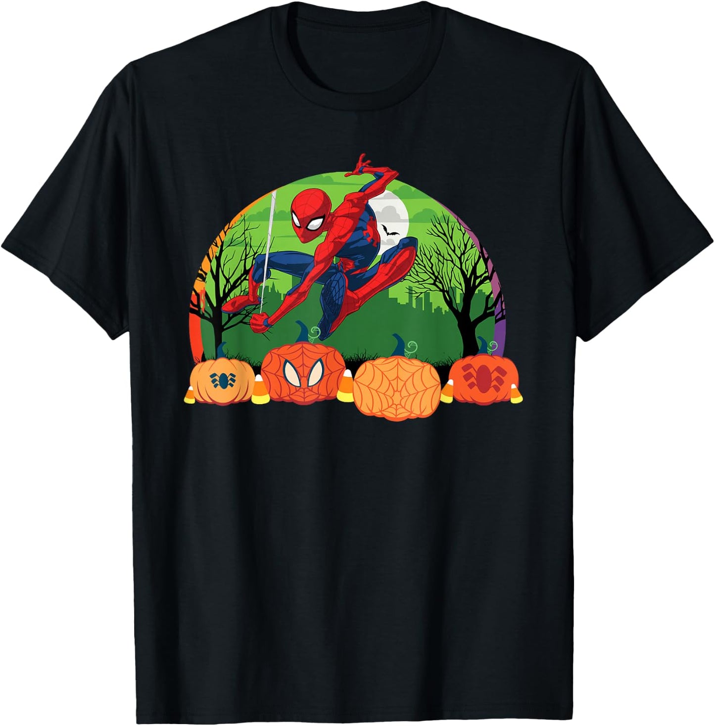 Marvel Spider-Man Spooky Halloween Night with Pumpkins T-Shirt - T-Shirt | Black