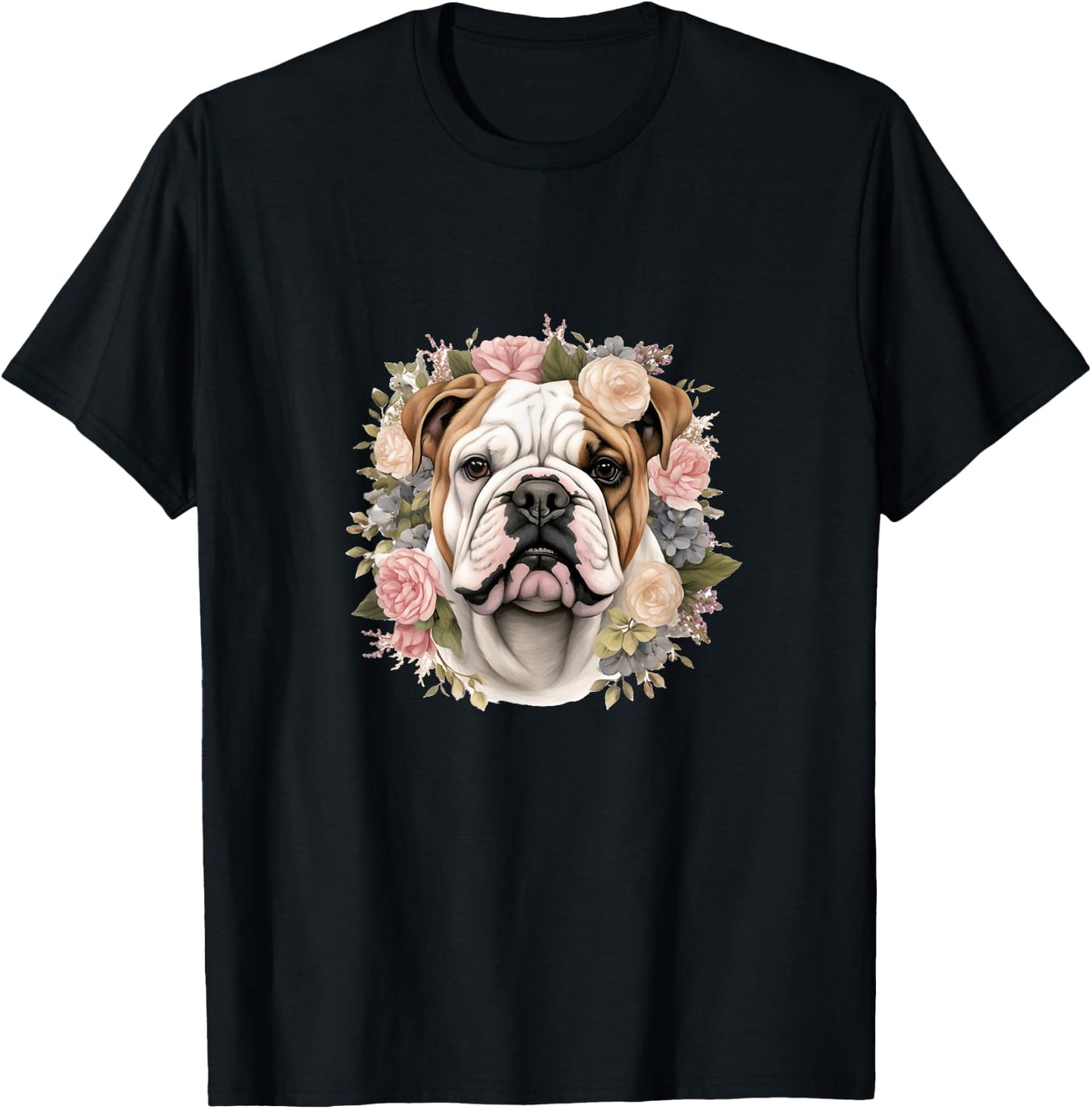 Floral English Bulldog Pastel Flower Border T-Shirt - T-Shirt | Black