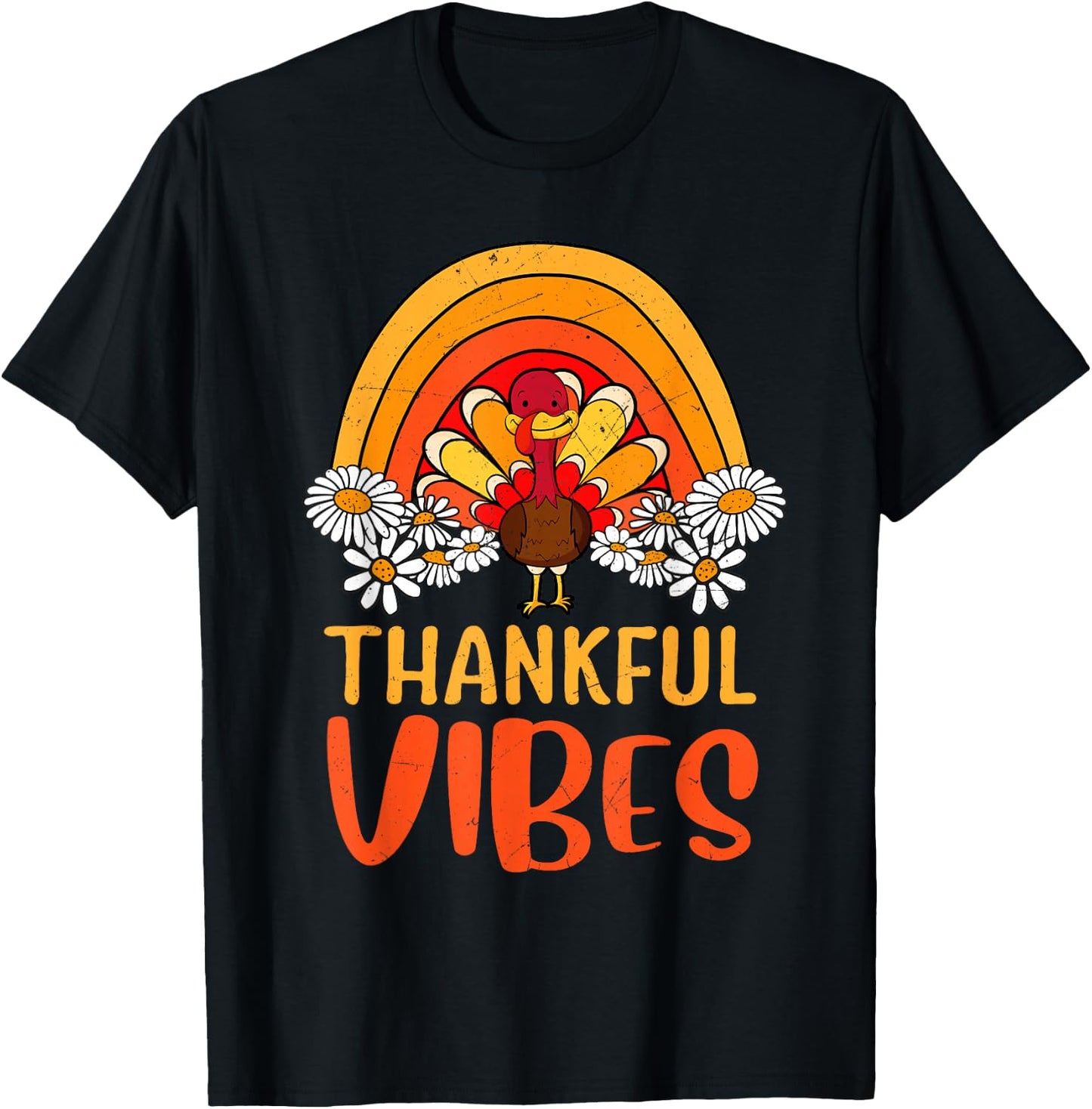 Thankful Vibes Turkey Retro Groovy Thanksgiving Rainbow T-Shirt - T-Shirt | Black