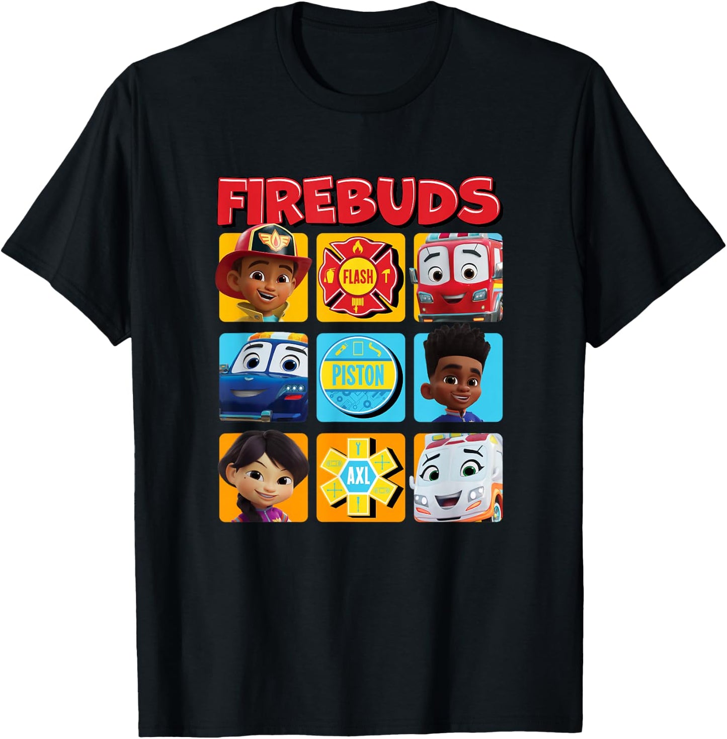 Disney Firebuds Happy Main Characters Panels Big Chest Logo T-Shirt - T-Shirt | Black