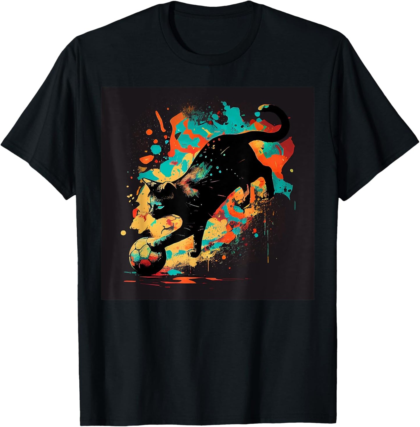 Black Cat Soccer Colorful T-Shirt - T-Shirt | Black