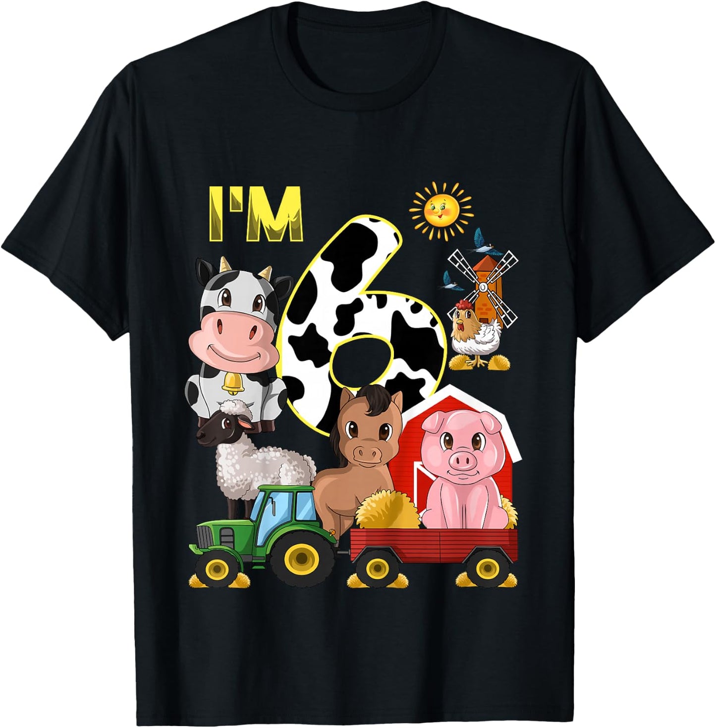 Kids Farm Animals Tractor 6th Birthday 6 Year Old Birthday Party T-Shirt - T-Shirt | Black
