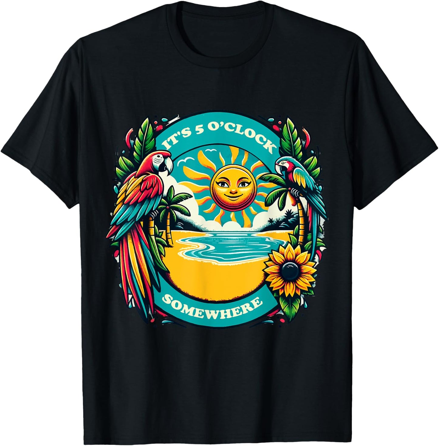 It's 5 O’clock Somewhere-Parrot Summer Beach T-Shirt - T-Shirt | Black