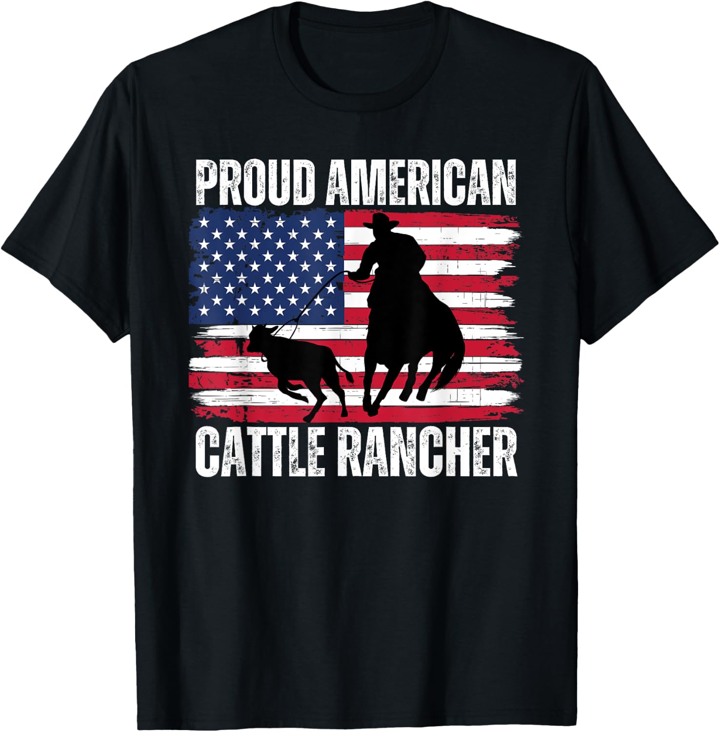 Proud American Cattle Rancher Patriotic Flag Ranchers Gifts T-Shirt - T-Shirt | Black