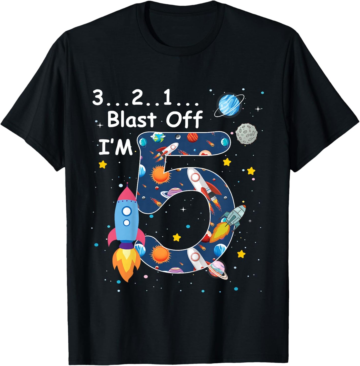Kids Outer Space Blast Off 5 Year Old 5th Birthday Boys Girls T-Shirt - T-Shirt | Black