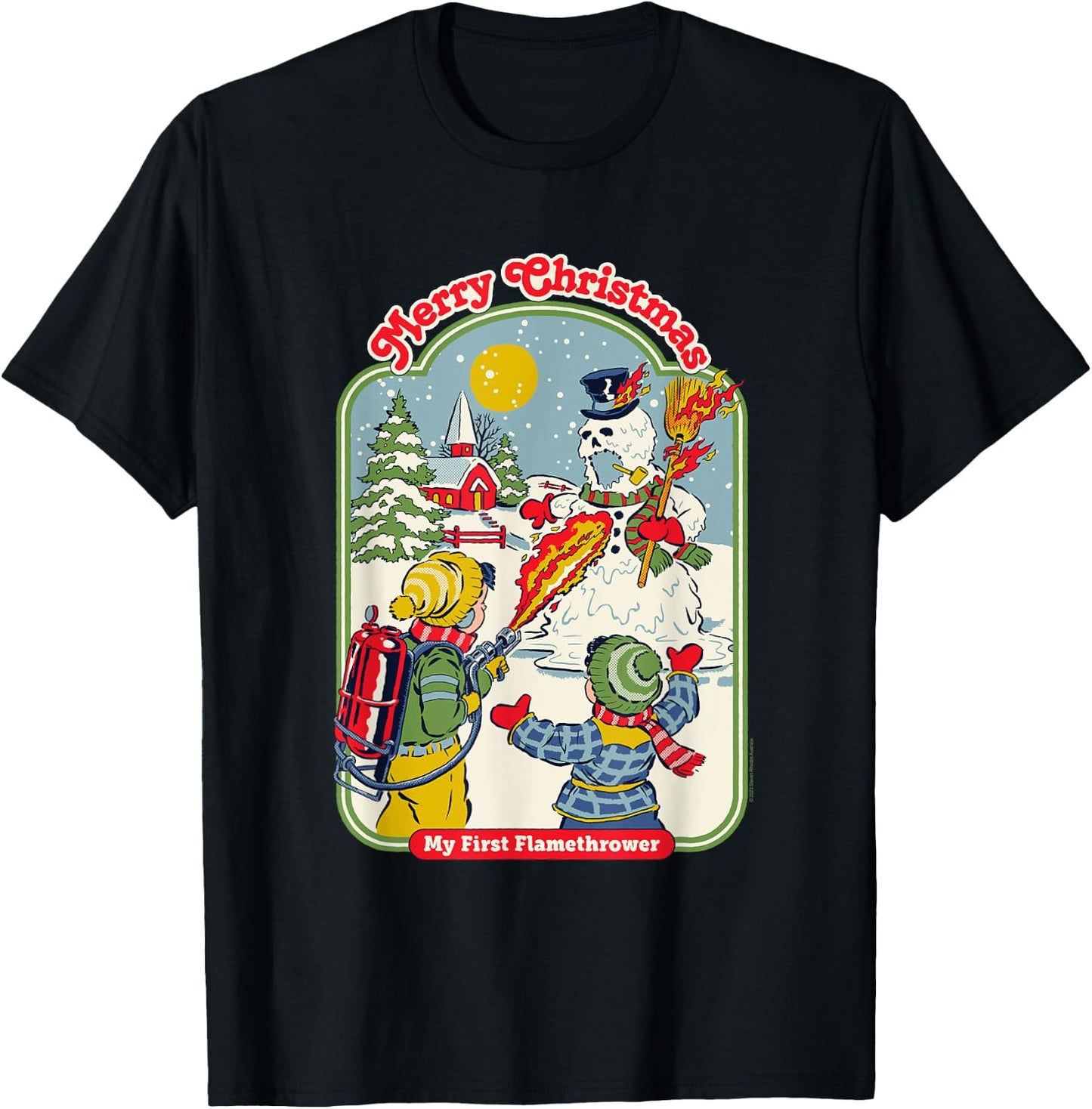 Steven Rhodes My First Flamethrower Snowman Retro Dark Humor T-Shirt - T-Shirt | Black