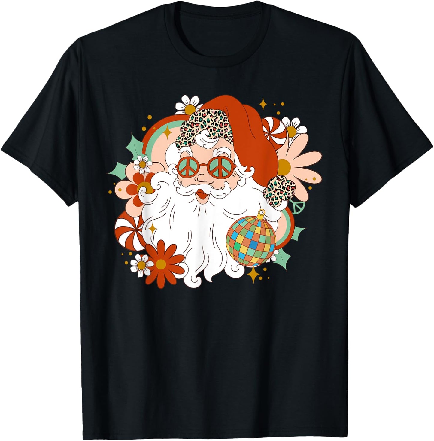 Hippie Santa Claus Floral Peace Sign Xmas Retro Christmas T-Shirt - T-Shirt | Black
