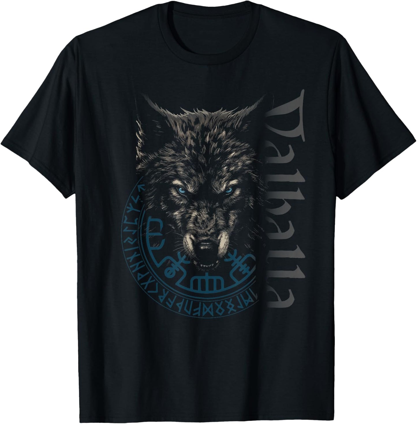 Walhalla Wolf Wolves Odins Runes Nordic Compass Viking T-Shirt - T-Shirt | Black
