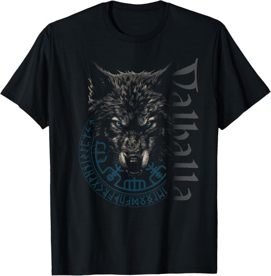 Walhalla Wolf Wolves Odins Runes Nordic Compass Viking T-Shirt - T-Shirt | Black