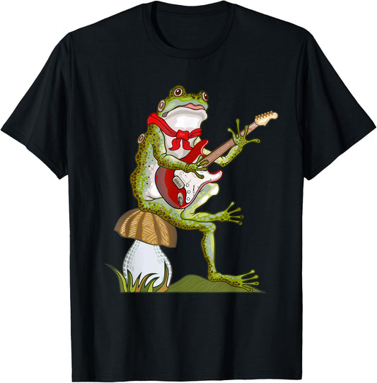 Frog Playing Guitar Kids Men Women Cottagecore Aesthetic T-Shirt - T-Shirt | Black