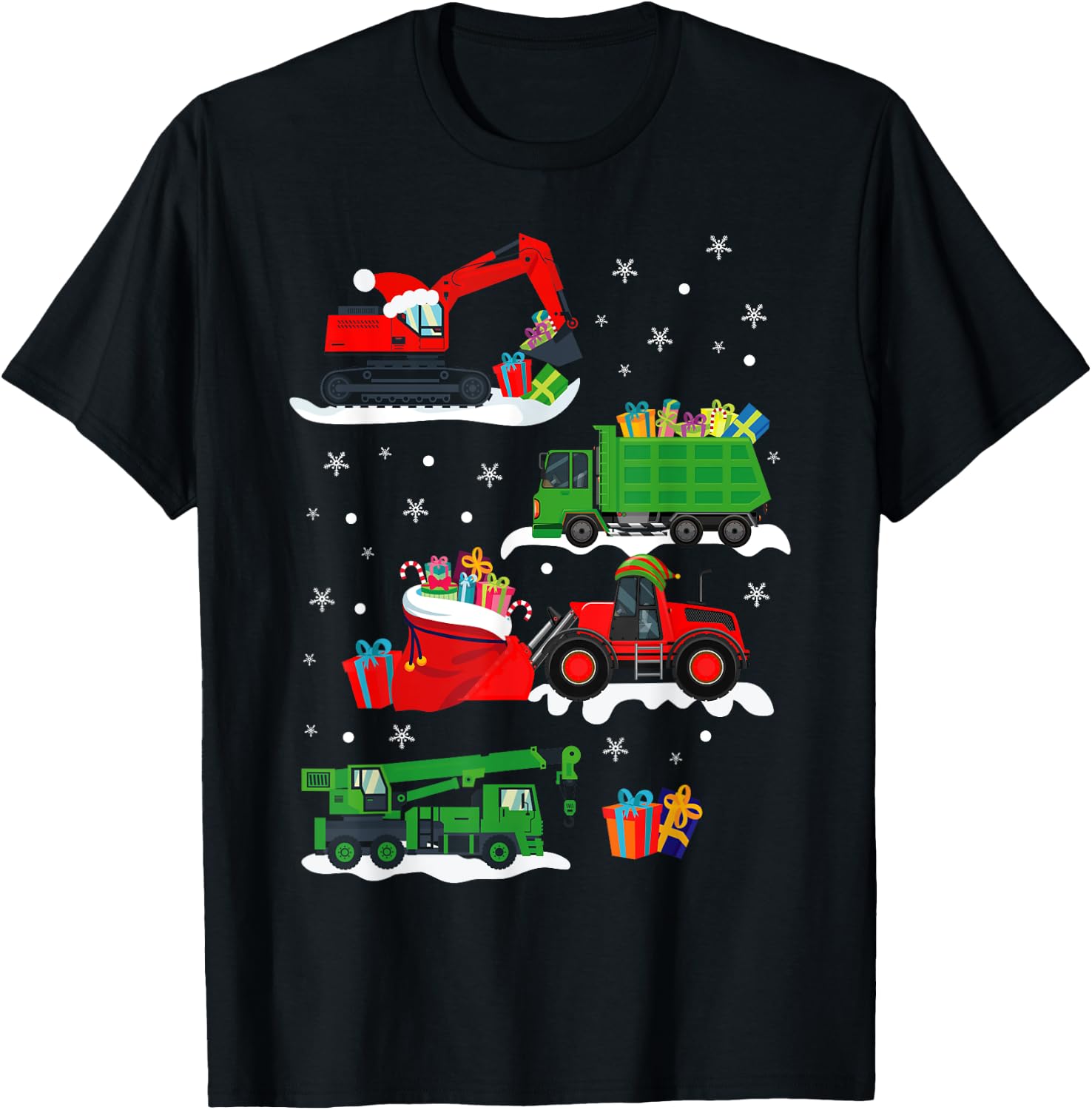 Construction Vehicle Christmas Red Trucks Winter Boys Kids T-Shirt - T-Shirt | Black