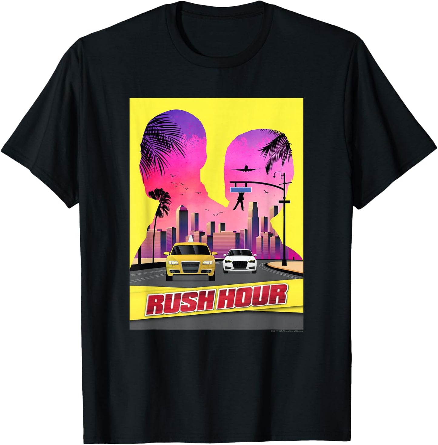 WB100 Rush Hour Retro City Skyline Partner Silhouette Poster T-Shirt - T-Shirt | Black