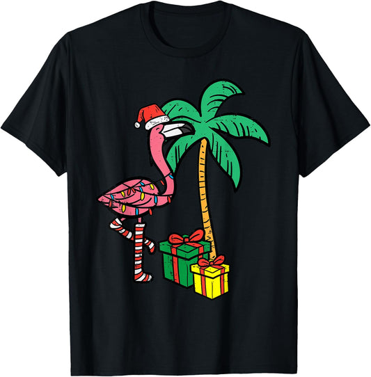 Christmas Flamingo Palm Tree Funny Xmas Beach Men Women Kids T-Shirt - T-Shirt | Black