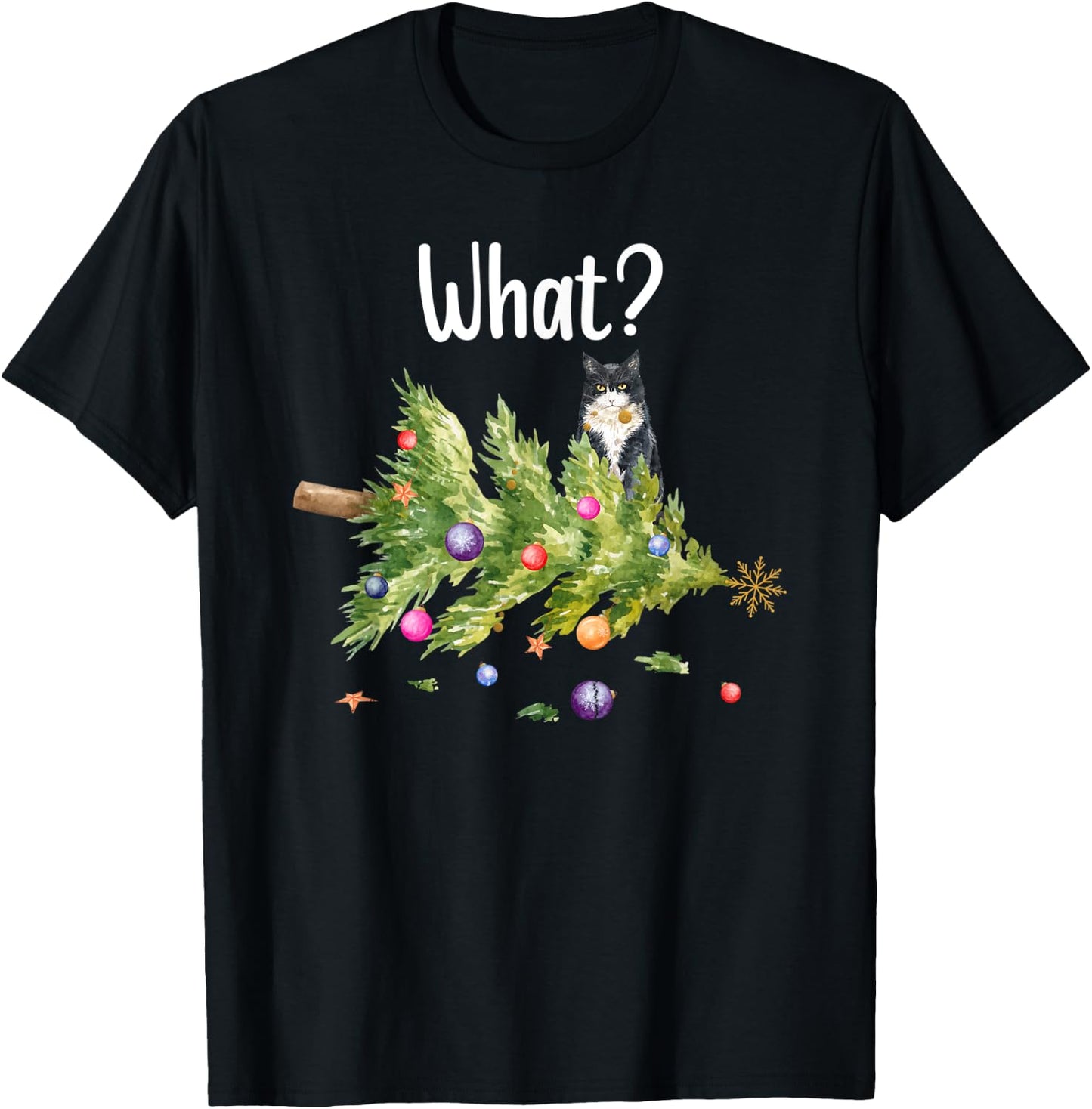 Funny Cat What Holiday Tree Christmas Men Women Kids T-Shirt - T-Shirt | Black