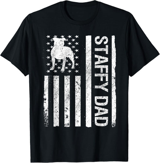 Staffy Dad USA Flag Pet Staffordshire Bull Terrier Dog Dad T-Shirt - T-Shirt | Black