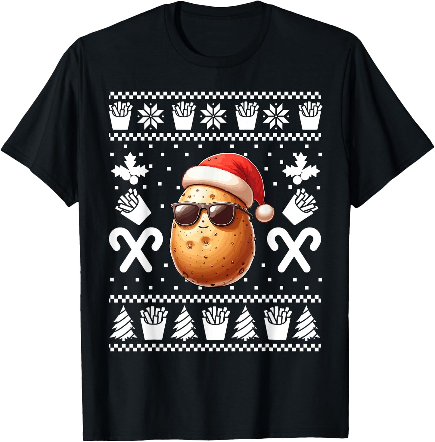 Funny Potato Christmas French Fries Pattern Xmas Season T-Shirt - T-Shirt | Black