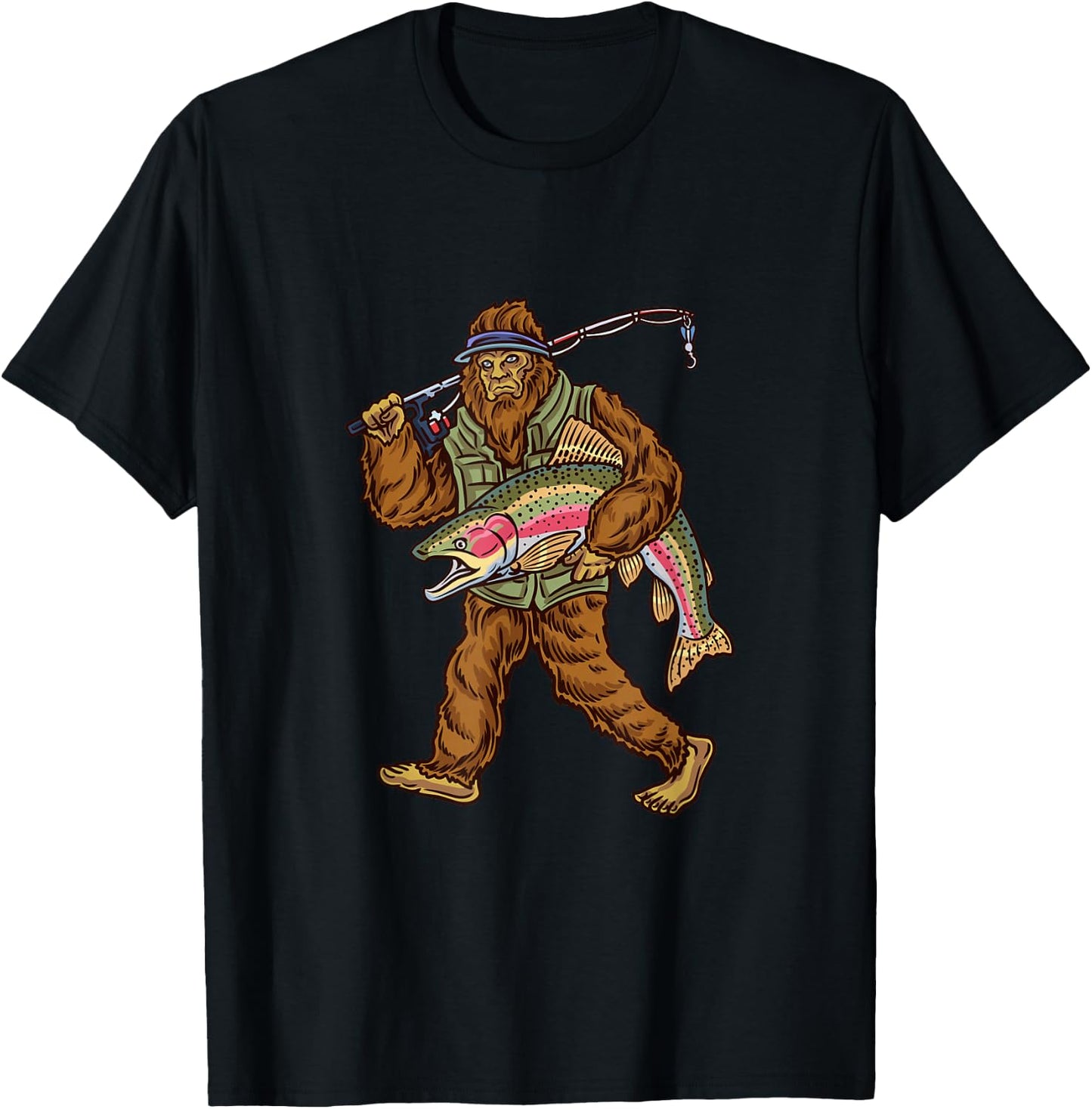 Rainbow Trout River Fishing Bigfoot Hunting Fishermen T-Shirt - T-Shirt | Black