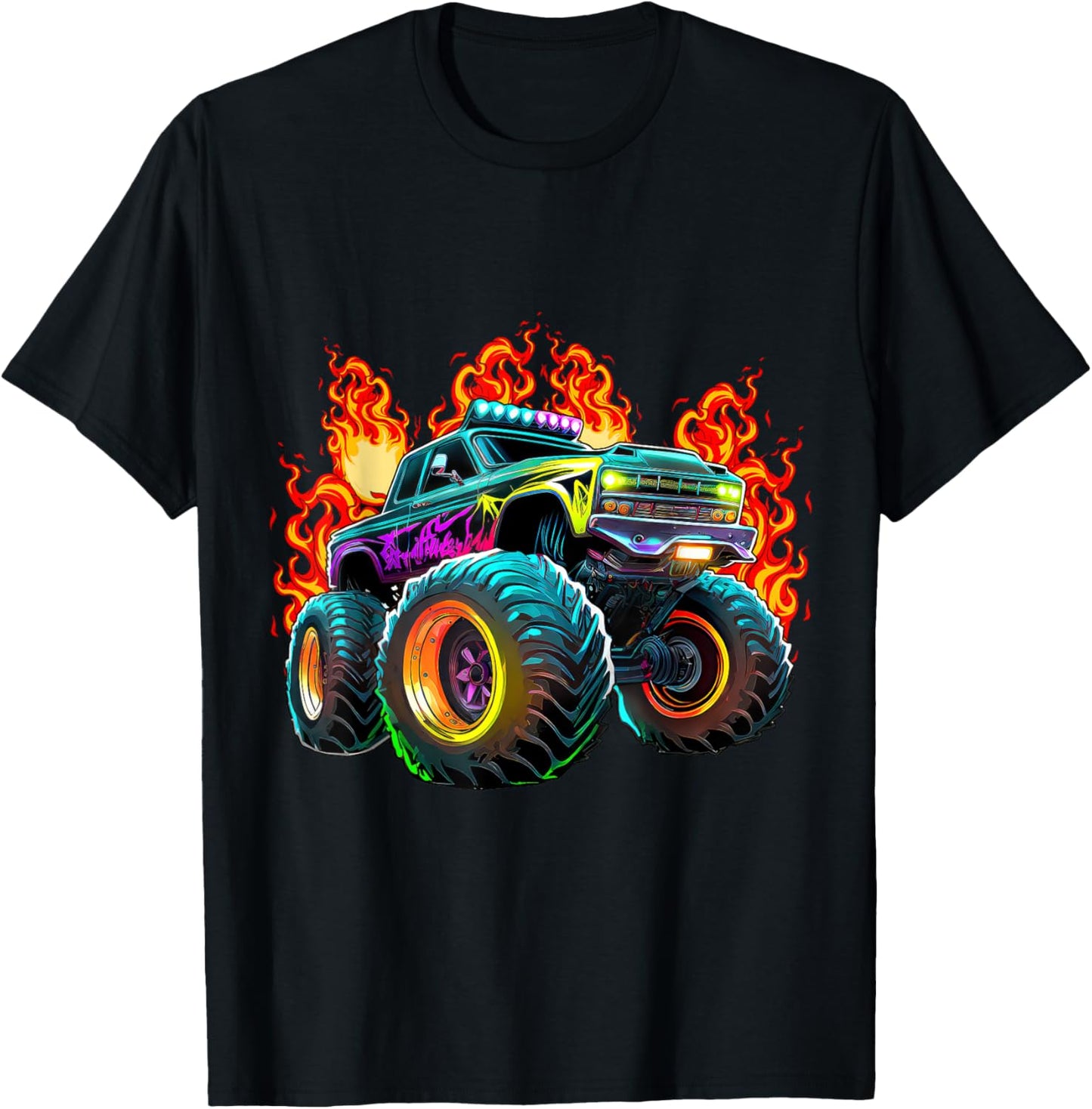 Monster Truck Flame Retro Monster Truck Birthday Boy Party T-Shirt - T-Shirt | Black