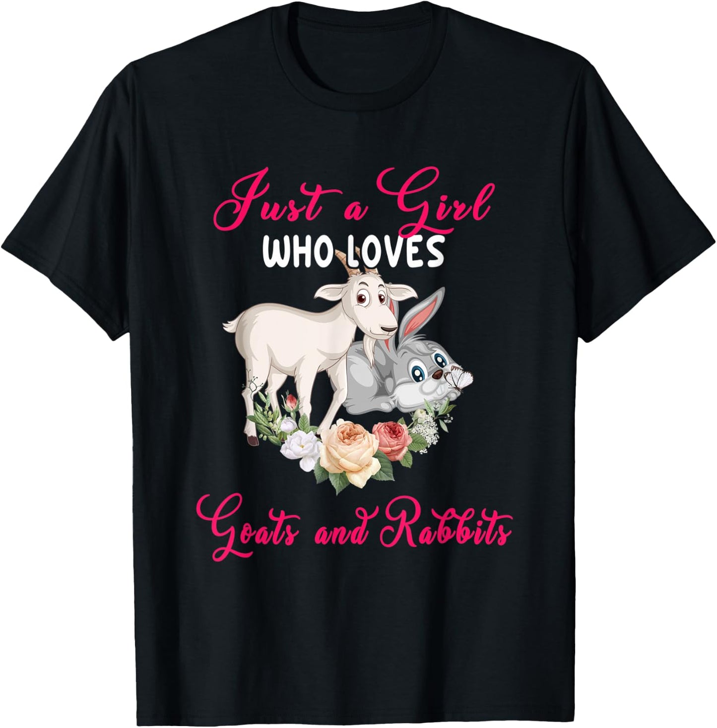 Just A Girl Who Loves Goats And Rabbits Floral Farm Animals T-Shirt - T-Shirt | Black