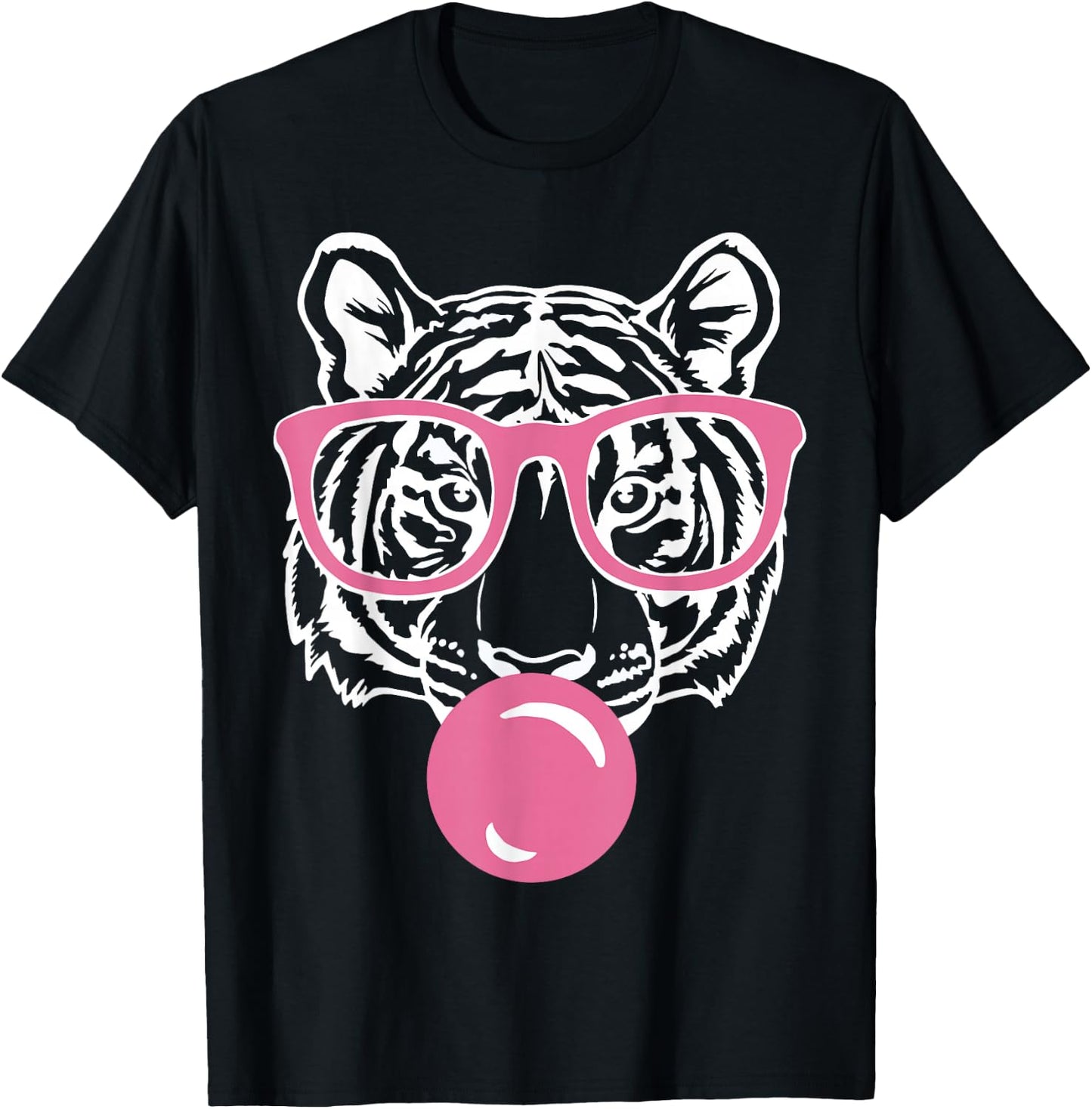 Popping Bubble Gum Tiger Smart Pink Glasses Cat and Tiger T-Shirt - T-Shirt | Black