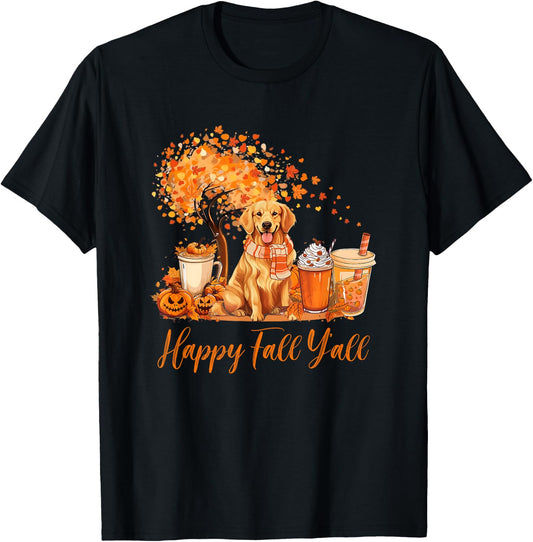 Happy Fall Y'all Golden Retriever Autumn Pumpkin Spice Latte T-Shirt - T-Shirt | Black