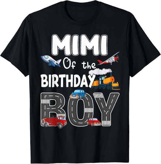 Mimi Of The Birthday Boy Trains Cars Fire Trucks Airplane T-Shirt - T-Shirt | Black