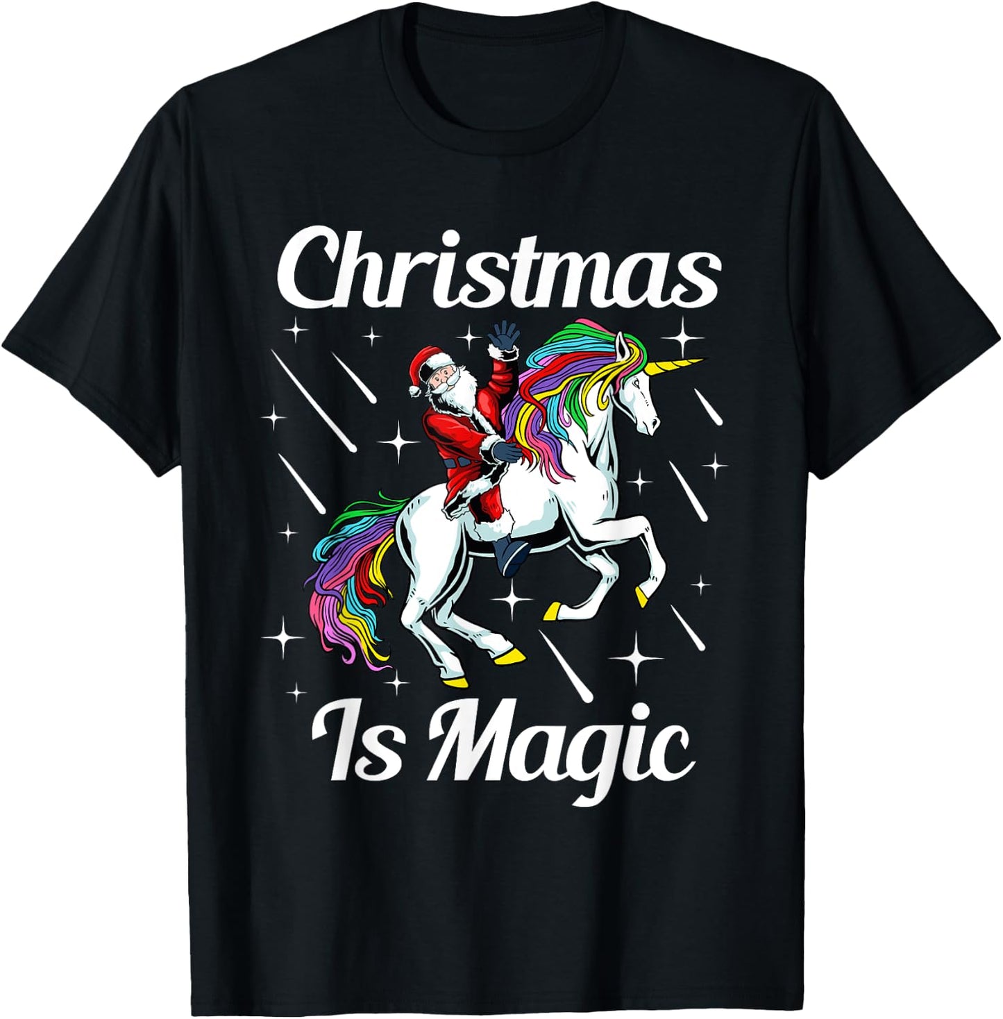 Christmas Is Magic Pajama Cute Santa Riding Unicorn X-Mas T-Shirt - T-Shirt | Black