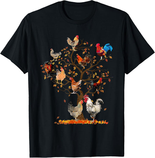 Chicken Tree Autumn Tree Fall Leaves Chicken Love T-Shirt - T-Shirt | Black