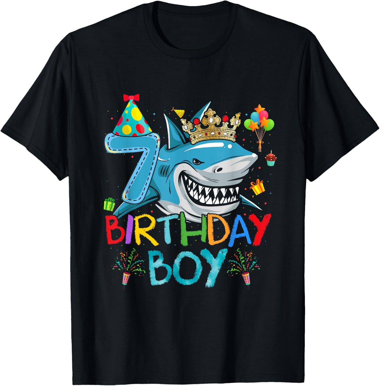 7th Birthday Shark Ocean Theme Party 7 Years Old For Boy T-Shirt - T-Shirt | Black