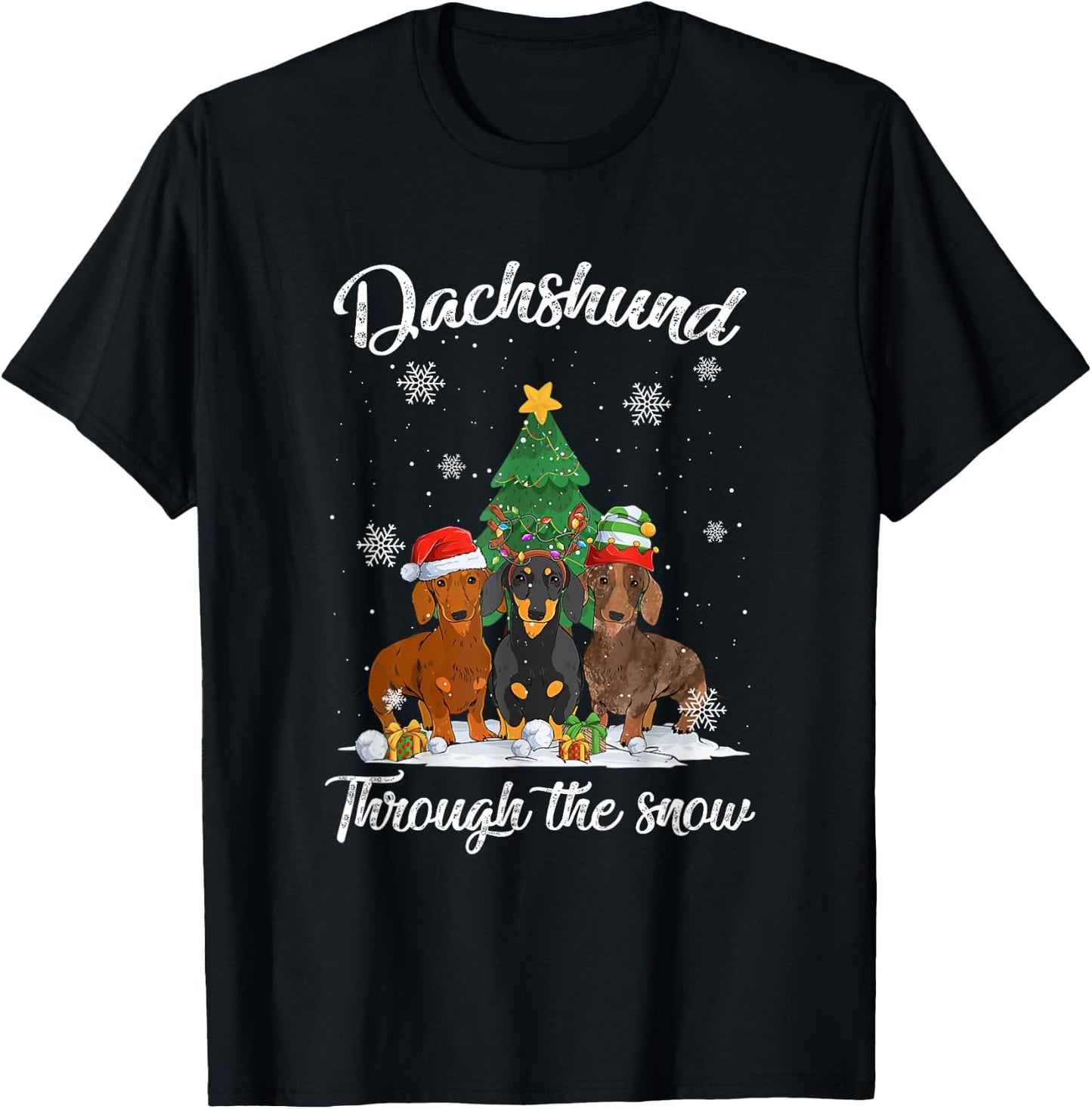 Merry Christmas Dachshund Dog Through The Snow Men Women Kids T-Shirt - T-Shirt | Black