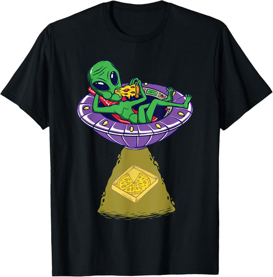Relaxed Alien Enjoy Eating And Abducting Pizza In UFO T-Shirt - T-Shirt | Black