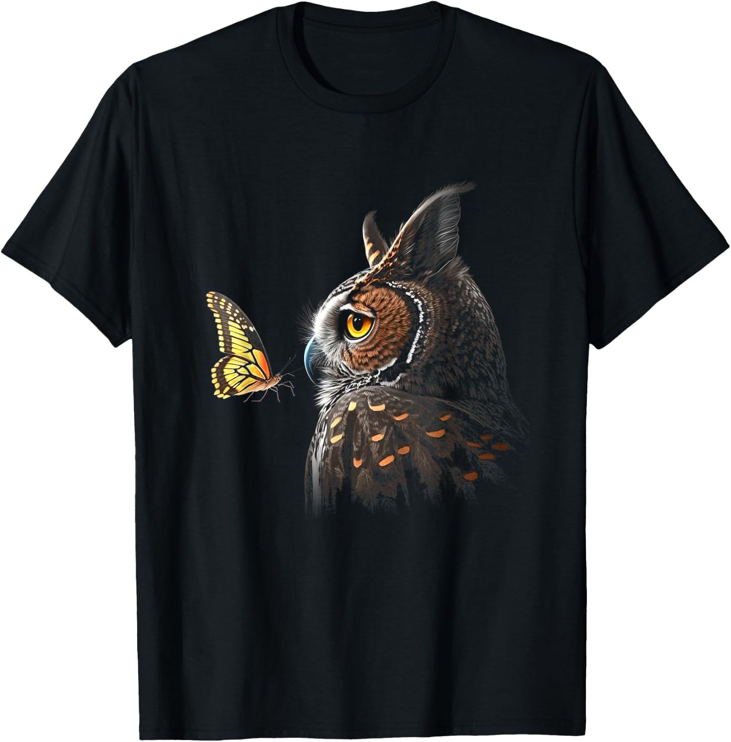 Owl With Butterfly Owl Lover Night Owl Bird T-Shirt - T-Shirt | Black