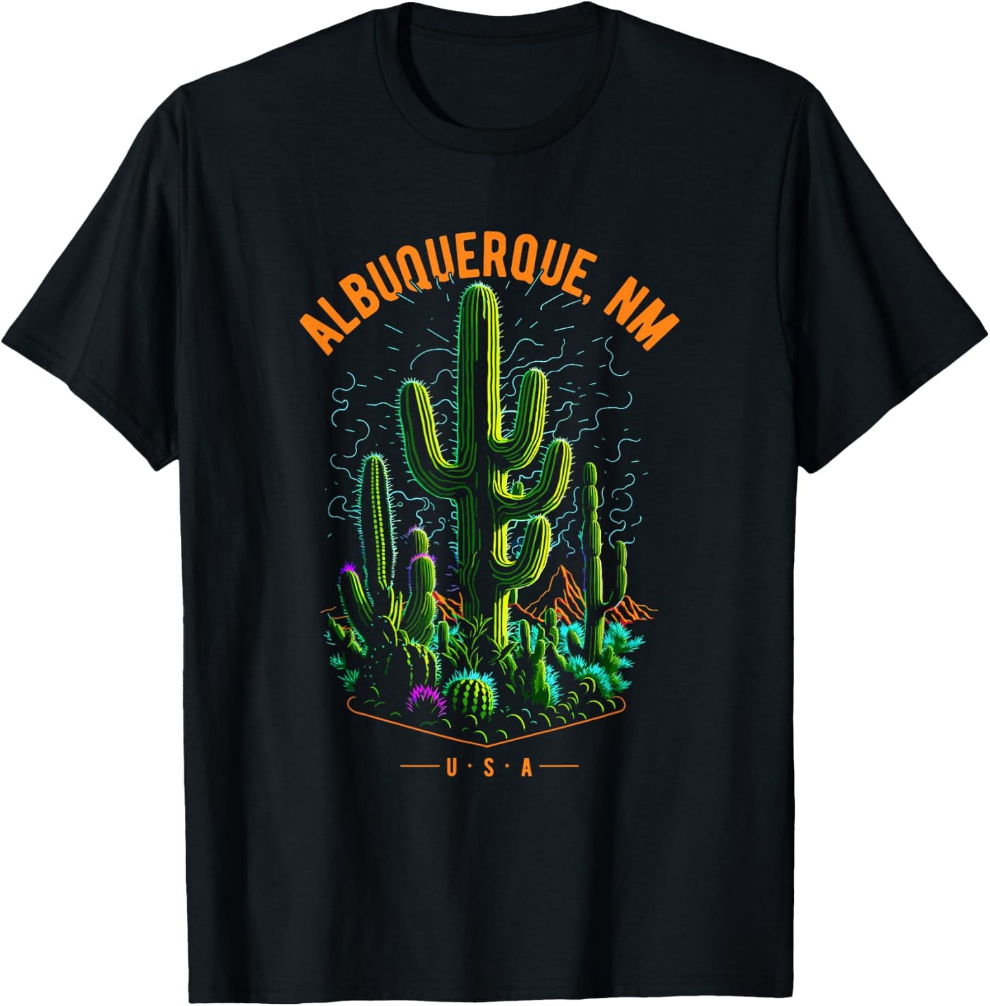 Albuquerque, NM, USA Cactus Desert Scene Design T-Shirt - T-Shirt | Black