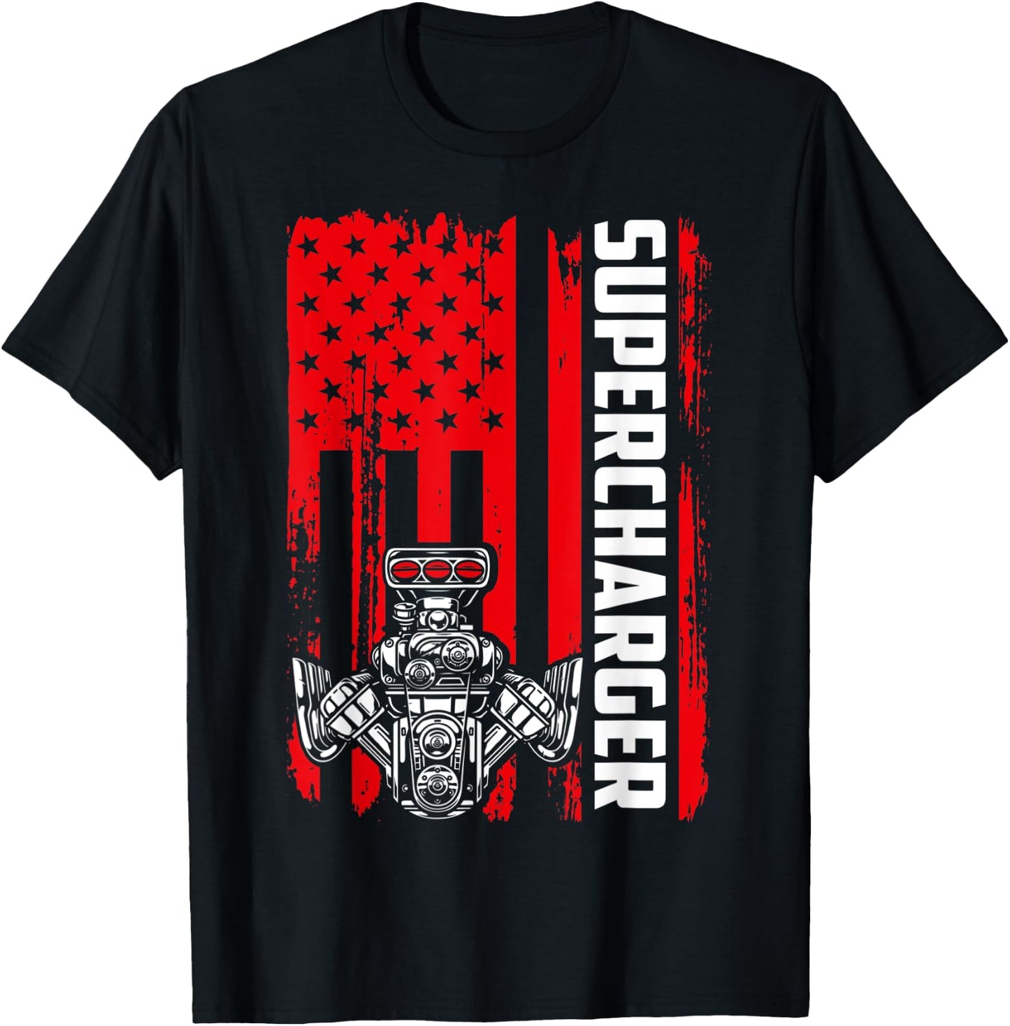 Supercharger Flag July 4th Drag Racing Muscle Car Horsepower T-Shirt - T-Shirt | Black