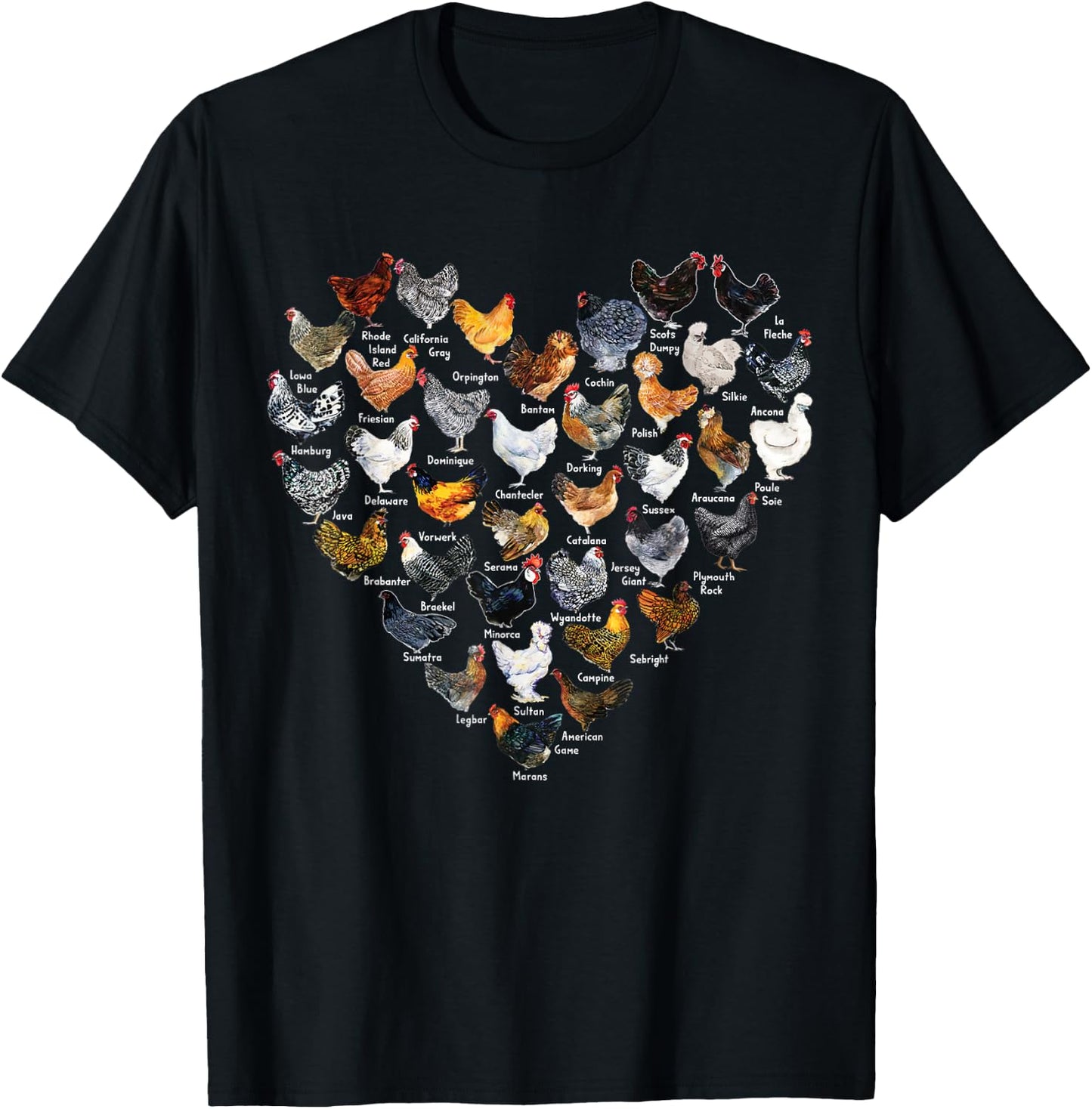 Love Chickens Heart Types of Chicken T-Shirt - T-Shirt | Black
