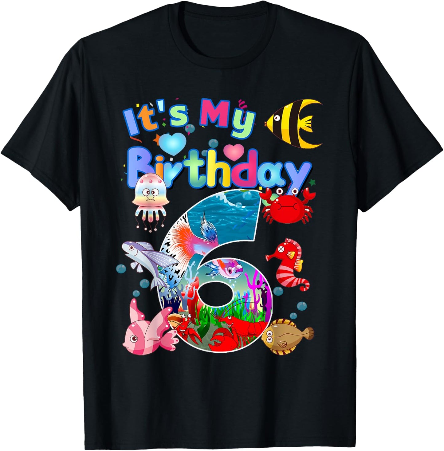 6nd Birthday Party 6 Year Old Sea Fish Aquarium Birthday Boy T-Shirt - T-Shirt | Black