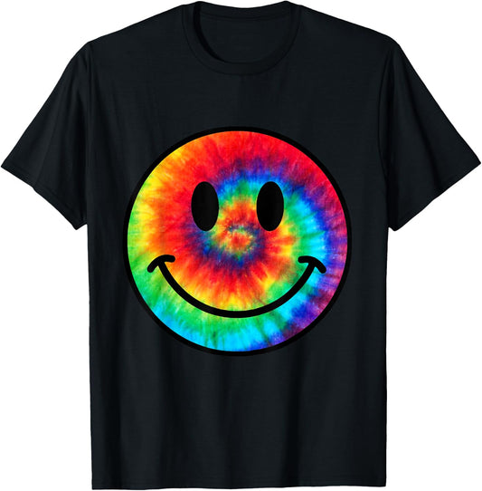 Retro 70s Smile Face Trendy Tie Dye Cute Happy Smile Face T-Shirt - T-Shirt | Black