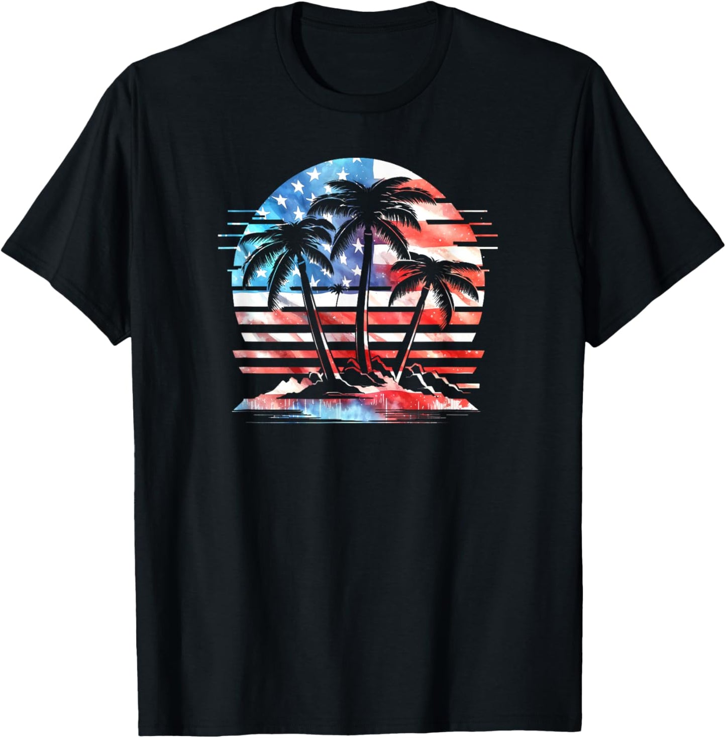 American Flag Retro Beach Palm Trees 4th of July Patriotic T-Shirt - T-Shirt | Black