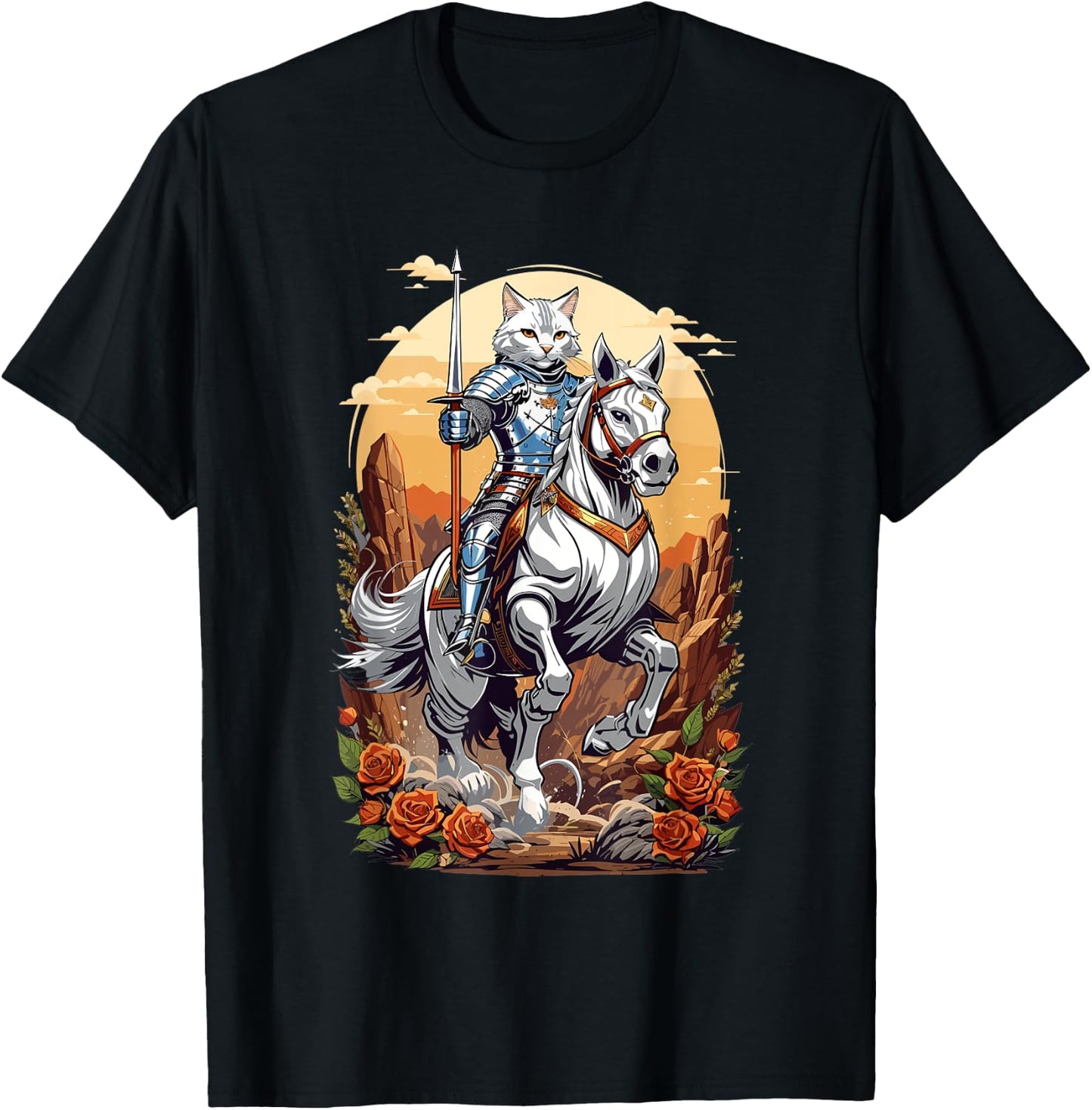 Magical Knight Cat Riding His Horse Into Battle Graphic Women Kids T-Shirt - T-Shirt | Black