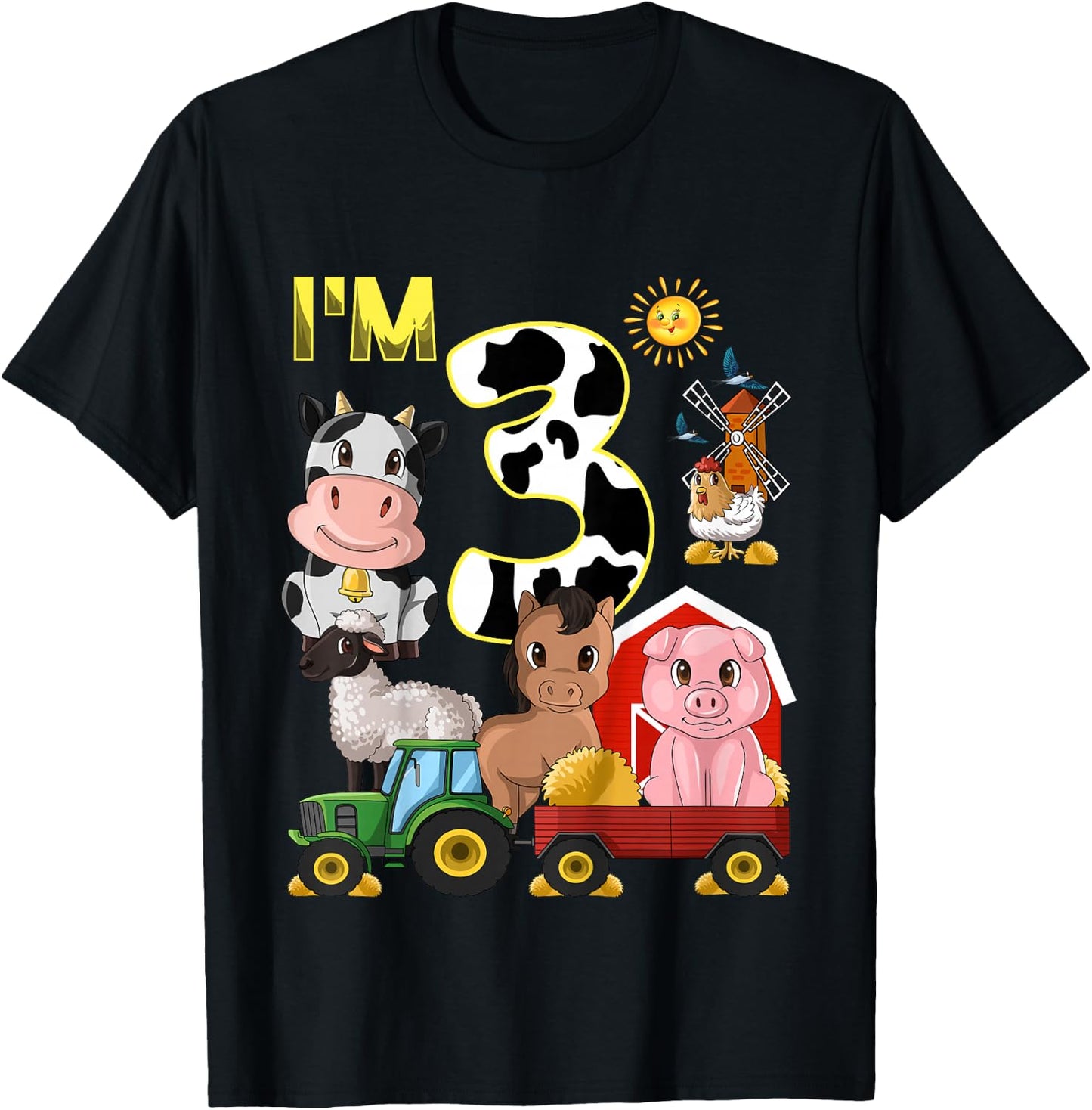 Farm Animals Tractor 3rd Birthday 3 Year Old Birthday Party T-Shirt - T-Shirt | Black
