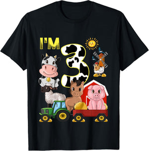 Farm Animals Tractor 3rd Birthday 3 Year Old Birthday Party T-Shirt - T-Shirt | Black
