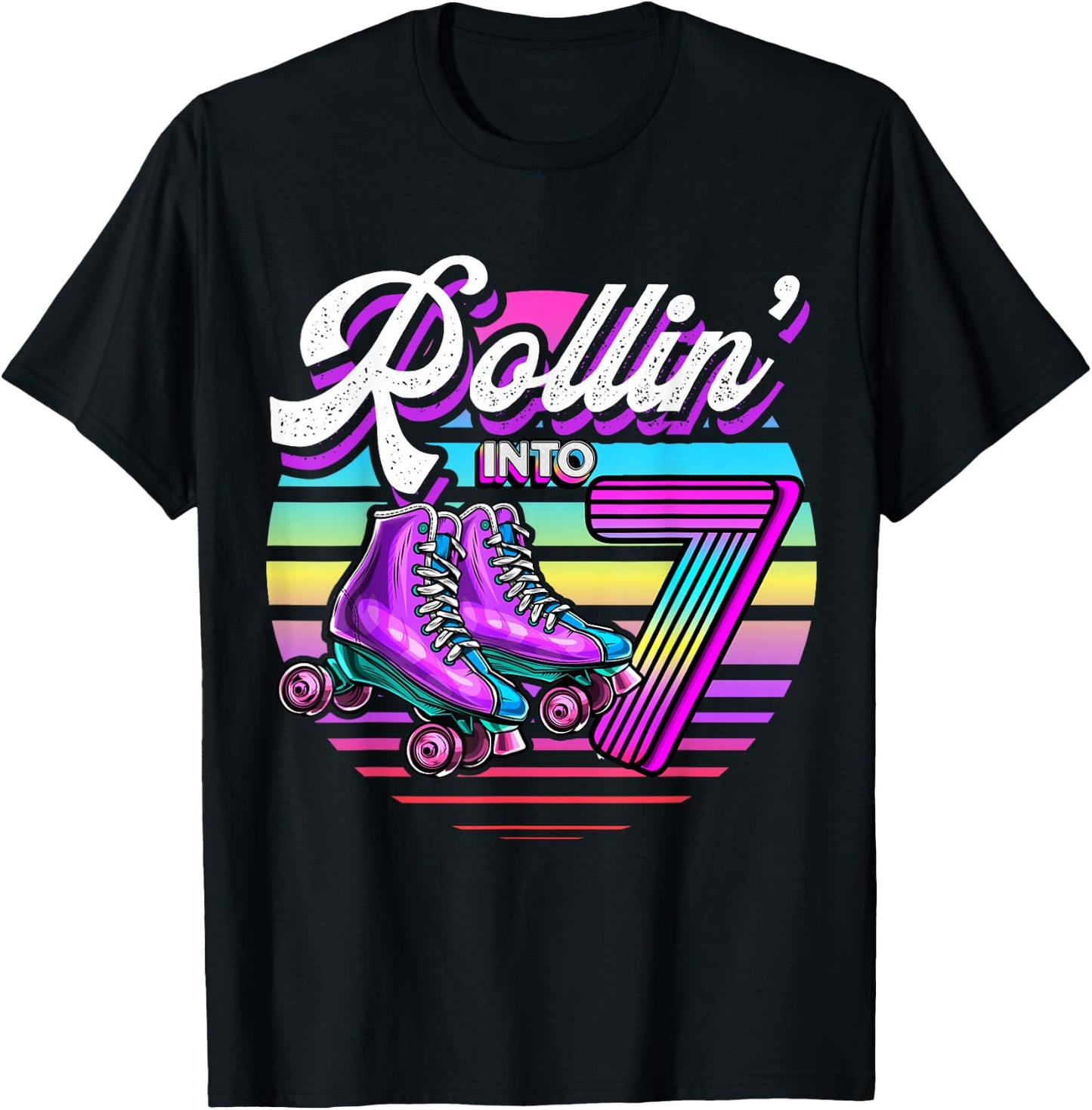 Rollin' into 7 Roller Skating Rink 7th Birthday Party Girls T-Shirt - T-Shirt | Black