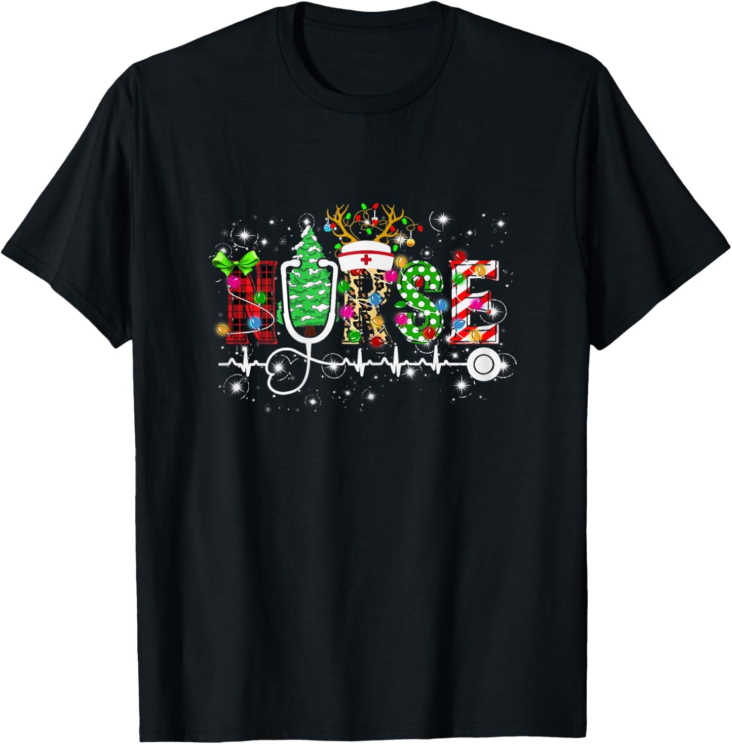 Nurse RN Christmas Stethoscope Nurses Xmas Scrub T-Shirt - T-Shirt | Black