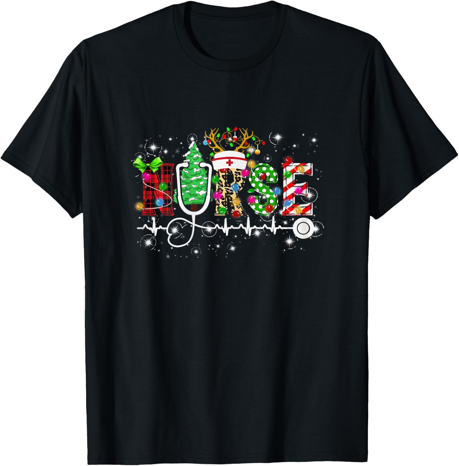 Nurse RN Christmas Stethoscope Nurses Xmas Scrub T-Shirt - T-Shirt | Black