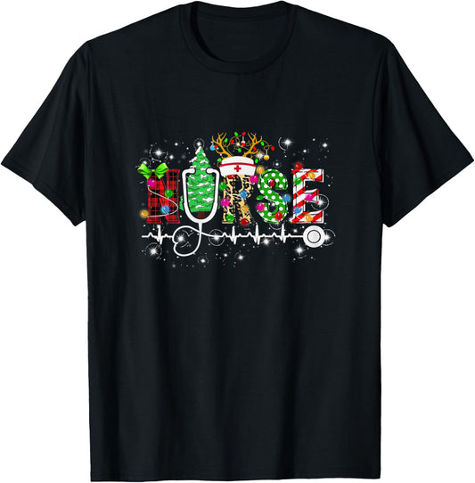 Nurse RN Christmas Stethoscope Nurses Xmas Scrub T-Shirt - T-Shirt | Black